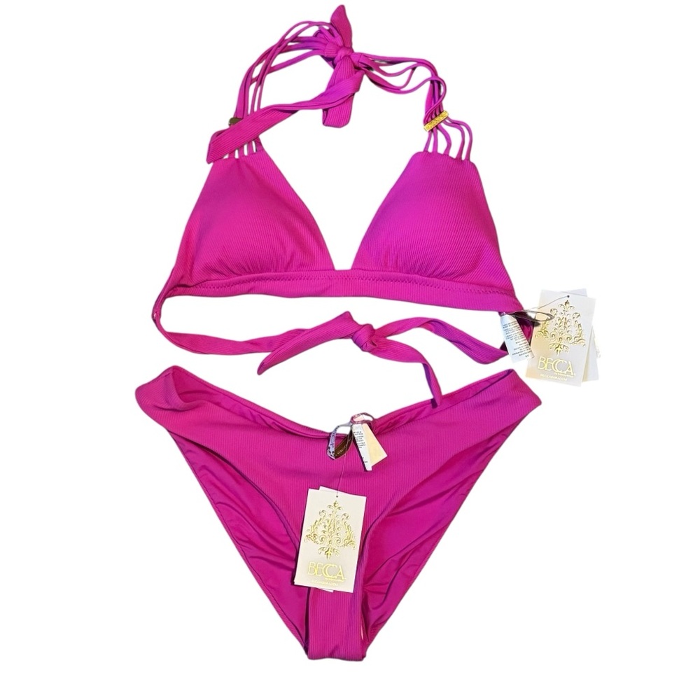 Becca pink magenta 2 piece bikini ribbed Adela bottoms L NEW